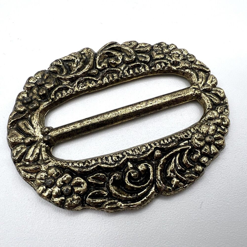 Vintage Brass Tone With Black Metal Slide Buckle Floral Design 1.75 x 2 .25 In.